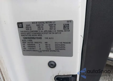 2011 Chevrolet Traverse 1Lt from USA, damaged, VIN 1GNKVGED6BJ100400